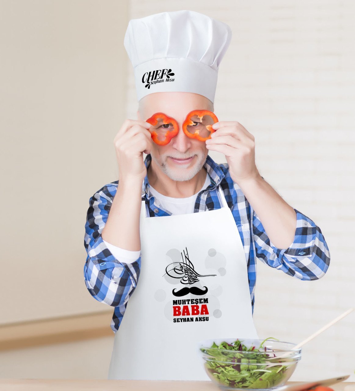 Kişiye Özel Muhteşem Baba Erkek Mutfak Önlüğü ve Aşçı Şapkası Seti