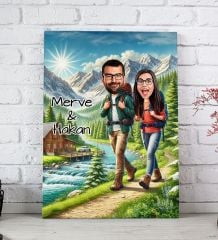BK Gift Kişiye Özel Doğa Yürüyüşü Karikatürlü Kanvas Tablo-1 (20x30), Sevgiliye Hediye, Sevgililer Günü Hediyesi