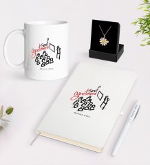 Kişiye Özel Sınıf Öğretmeni Beyaz Kupa Defter Kalem ve İsimli Papatya Kolye Hediye Seti-2