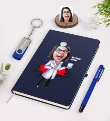 Kişiye Özel Kadın Diş Hekimi Karikatürlü Lacivert Defter Kalem 32gb USB Bellek Hediye Seti-3