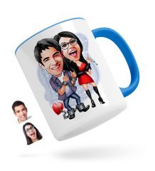 Kişiye Özel Sevgililer Karikatürlü Mavi Kupa Bardak-1