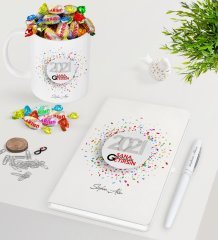 BK Gift Kişiye Özel 2023 Sana Mutluluk Getirsin Beyaz Defter Kalem Kupa ve Haribo Şeker Hediye Seti-1