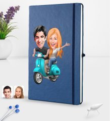Kişiye Özel Sevgililer Karikatürlü Karikatürlü Lacivert Termo Deri Defter 16x24cm Model 99