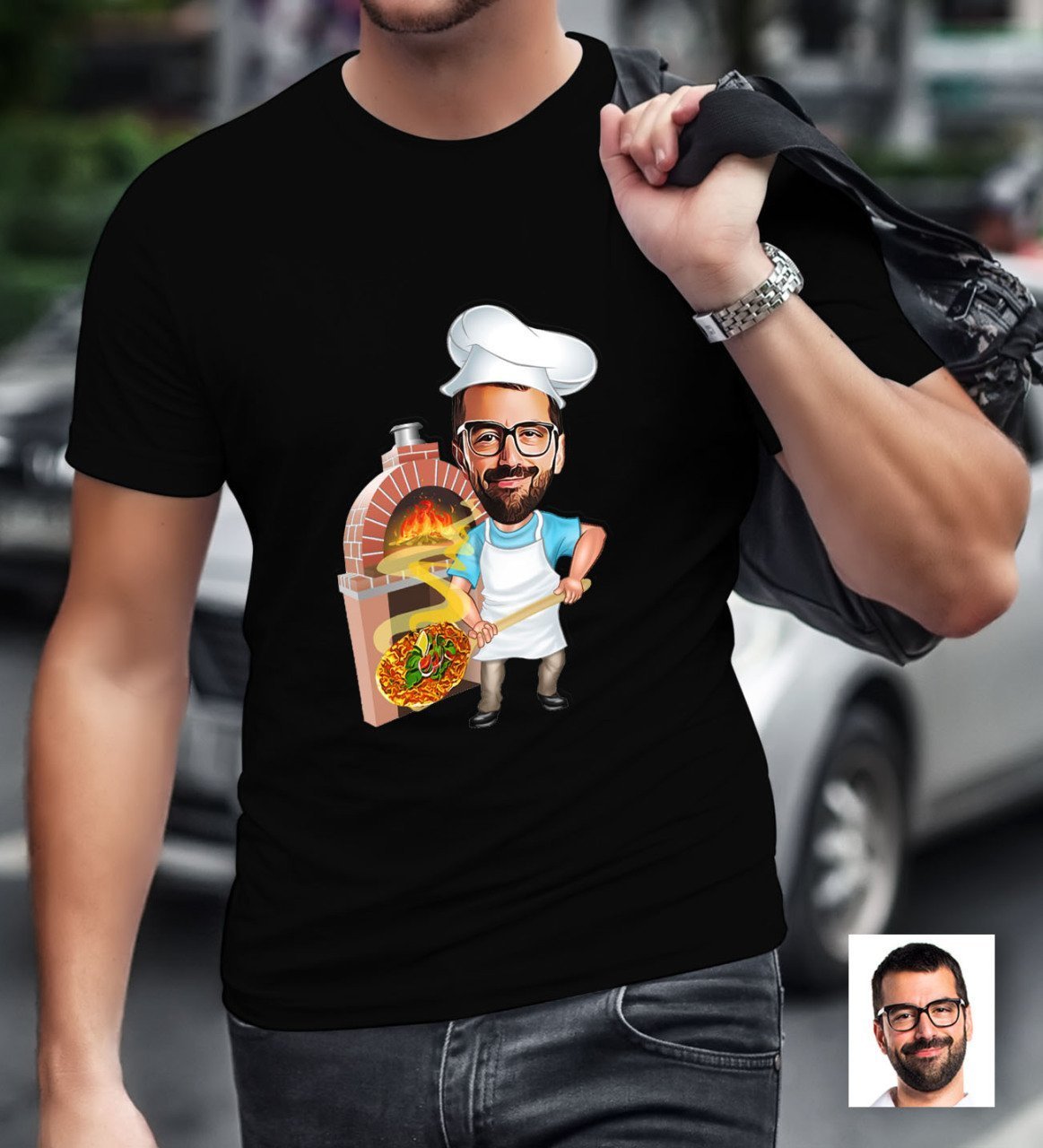 Kişiye Özel Bay Kebapçı Ustası Karikatürlü Siyah T-Shirt