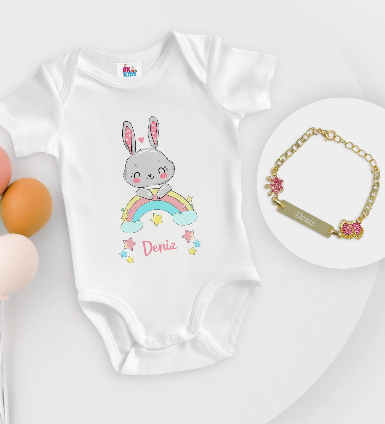 BK Kids Kişiye Özel İsimli Beyaz Bebek Body Zıbın ve Kız Bebek Künyesi Hediye Seti-16