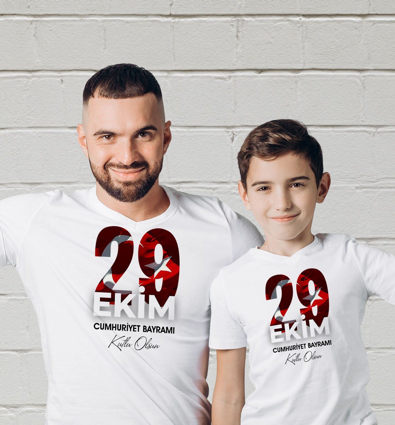 BK Gift 29 Ekim Tasarımlı 2’li Baba-Oğul Beyaz Tişört-3, 29 Ekim Hediyesi, Trend Tişört, 100.Yıl Hediyesi