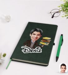 Kişiye Özel Erkek Öğretmen Karikatürlü Yeşil Termo Deri Defter Kalem Seti Model 1