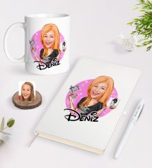 Kişiye Özel Kadın Dövme Sanatçısı Karikatürlü Beyaz Defter Kalem ve Kupa Seti-1