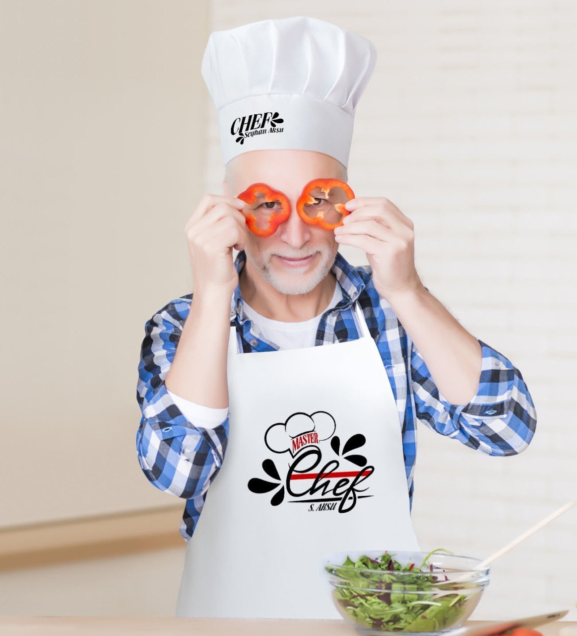 Kişiye Özel Master Chef Erkek Mutfak Önlüğü ve Aşçı Şapkası Seti-4