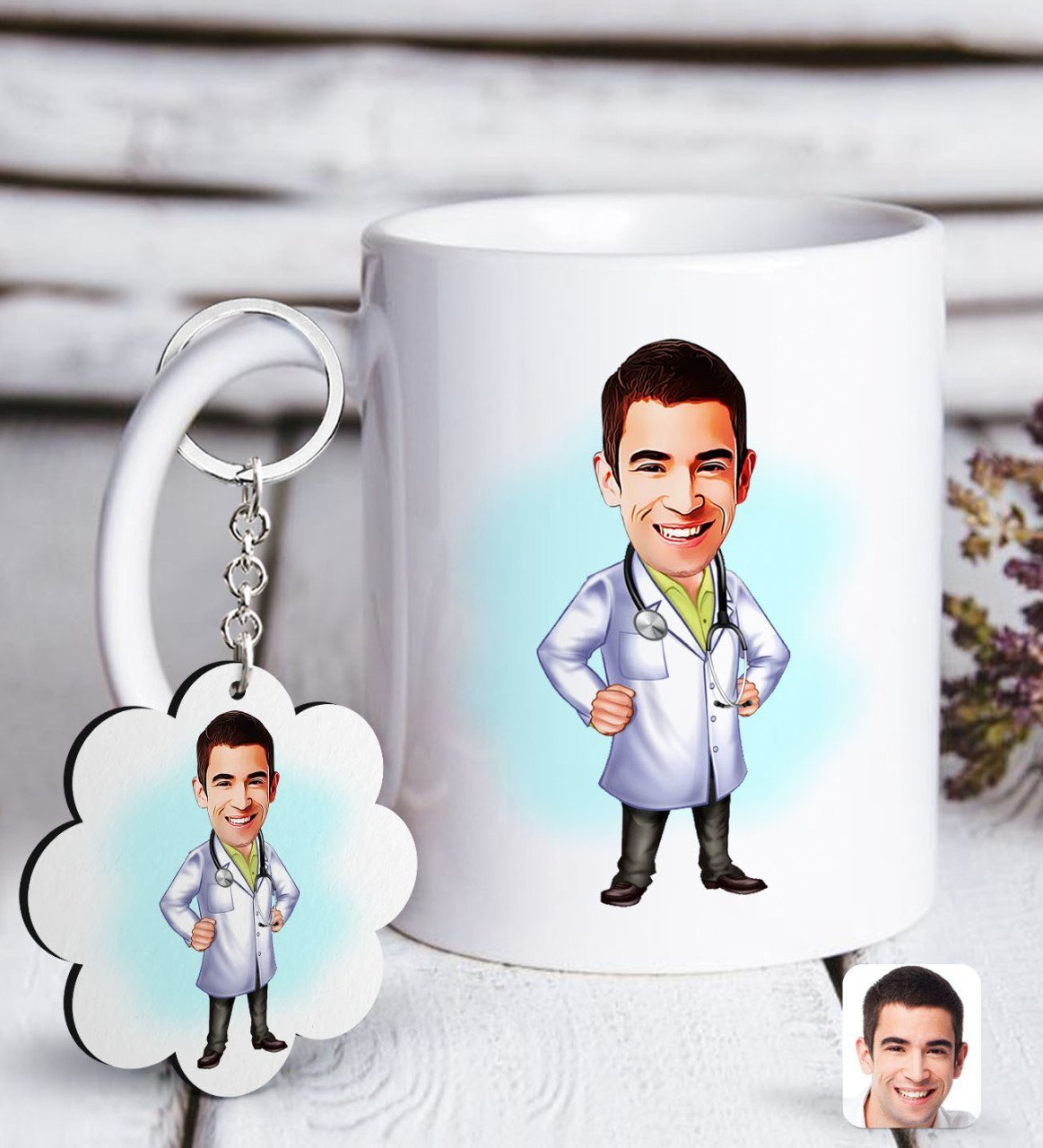 Kişiye Özel Erkek Doktor Karikatürlü Beyaz Kupa ve Anahtarlık Hediye Seti-1
