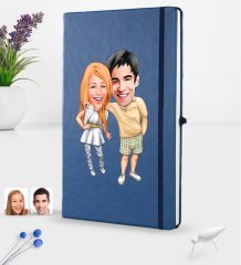 Kişiye Özel Sevgililer Karikatürlü Karikatürlü Lacivert Termo Deri Defter 16x24cm Model 98