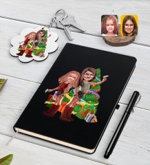 Kişiye Özel Yeni Yıl Kız Kardeşler Karikatürlü Siyah Defter Kalem ve Anahtarlık Hediye Seti-2
