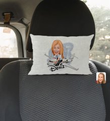 Kişiye Özel İsimli Kadın Kaptan Pilot Karikatürlü Dikdörtgen Araç Koltuk Yastığı-1