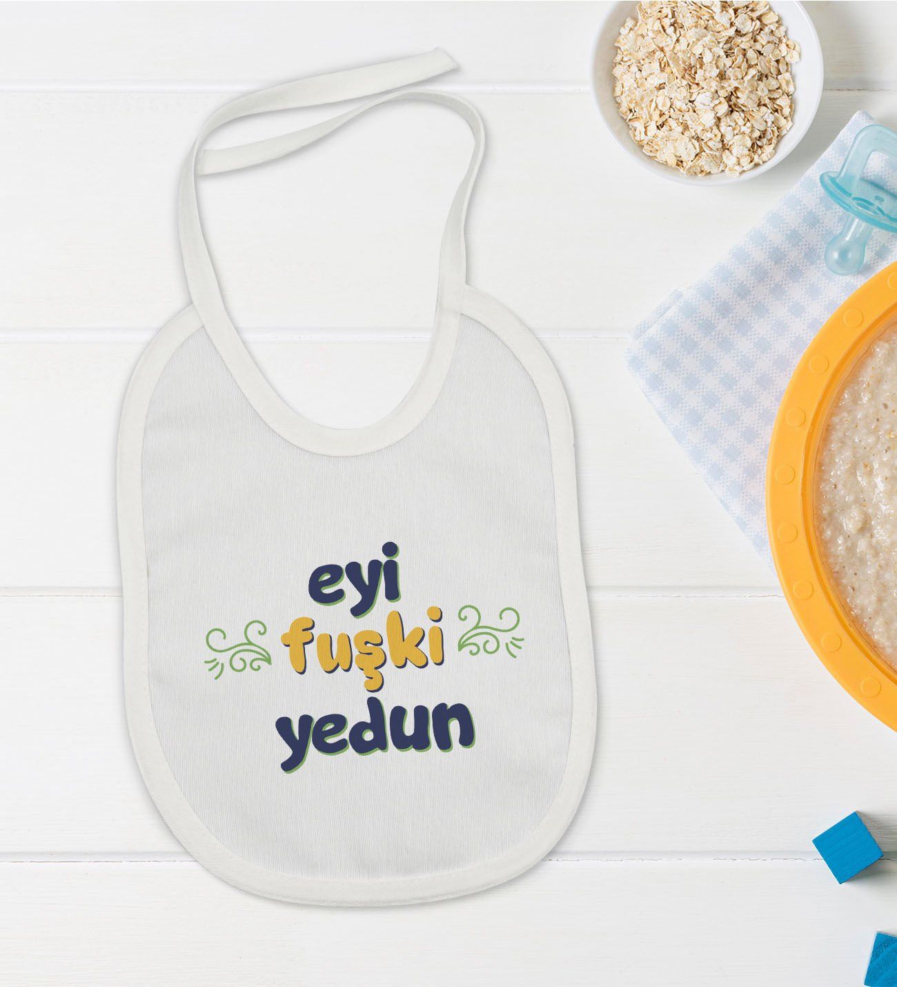 BK Kids Eyi Fuşki Yedun Tasarımlı Beyaz Bebek Mama Önlüğü-1