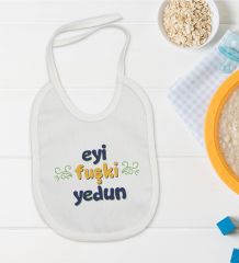 BK Kids Eyi Fuşki Yedun Tasarımlı Beyaz Bebek Mama Önlüğü-1