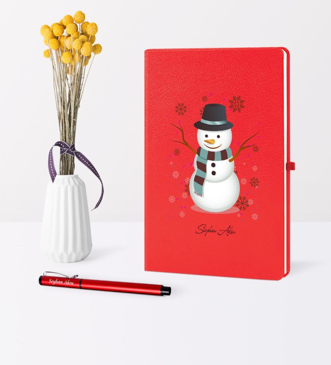 Kişiye Özel Yılbaşı Kardan Adam Temalı Kırmızı Defter Kalem Seti - 1