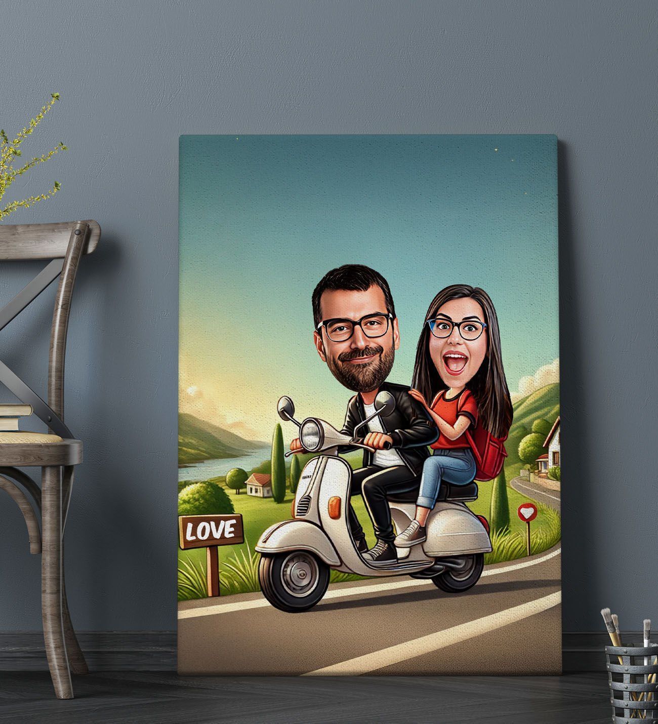 BK Gift Kişiye Özel Motorcu Çift Karikatürlü Kanvas Tablo-1 (70x100), Sevgiliye Hediye, Sevgililer Günü Hediyesi