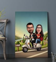 BK Gift Kişiye Özel Motorcu Çift Karikatürlü Kanvas Tablo-1 (70x100), Sevgiliye Hediye, Sevgililer Günü Hediyesi