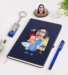 Kişiye Özel Kadın Kadın Doğum Uzmanı Karikatürlü Lacivert Defter Kalem 32gb USB Bellek Hediye Seti-1