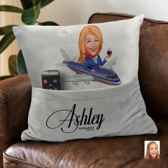 BK Gift Kişiye Özel Hostes Karikatür Tasarımlı Organizer Kumanda ve Atıştırmalık Cepli Gri Kırlent Yastık-1 Arkadaşa Hediye, Cepli Yastık