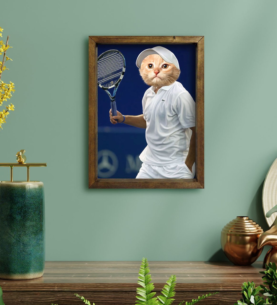 Evcil Dostlara Özel Tenis Oyuncusu Tasarımlı Portre Doğal Masif Ahşap Çerçeveli Tablo 30x40cm-1