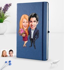 Kişiye Özel Sevgililer Karikatürlü Karikatürlü Lacivert Termo Deri Defter 16x24cm Model 94
