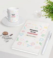 Kişiye Özel Dünyanın En İyi Öğretmeni Beyaz Defter Kalem Türk Kahvesi Fincanı Seti-14