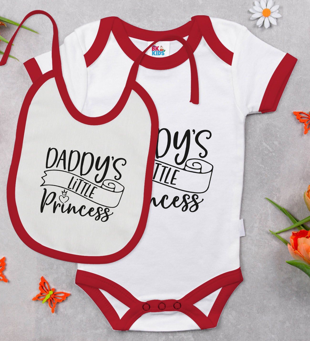 BK Kids Daddy's Little Princess Tasarımlı Kırmızı Bebek Body Zıbın ve Mama Önlüğü Hediye Seti-1