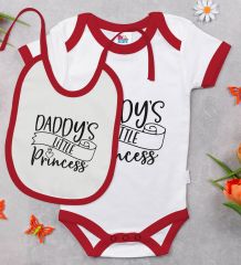 BK Kids Daddy's Little Princess Tasarımlı Kırmızı Bebek Body Zıbın ve Mama Önlüğü Hediye Seti-1