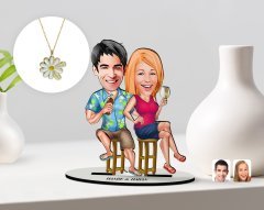 Kişiye Özel Sevgililer Karikatürlü 3D Ahşap Biblo ve Çift İsimli Papatya Kolye Seti-51