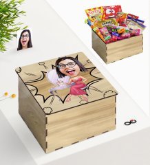 Kişiye Özel Ahşap Kutuda Bayan Karikatürlü Nostaljik Lezzetler Hediye Seti-23