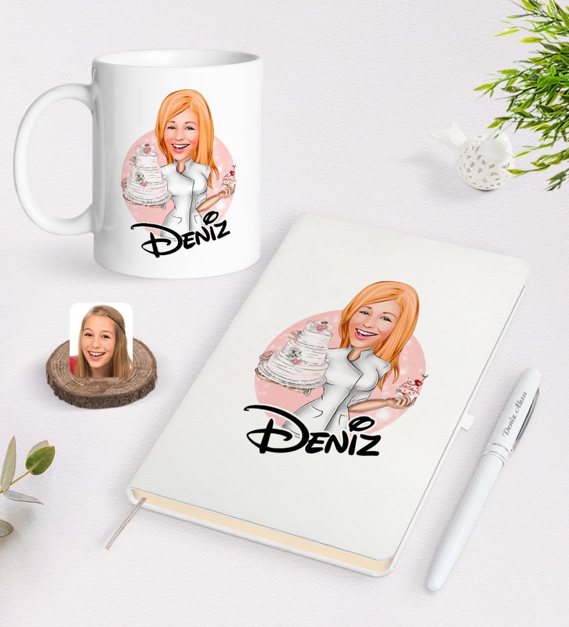 Kişiye Özel Kadın Aşçı Karikatürlü Beyaz Defter Kalem ve Kupa Seti-3