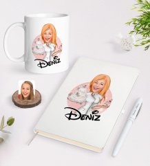 Kişiye Özel Kadın Aşçı Karikatürlü Beyaz Defter Kalem ve Kupa Seti-3