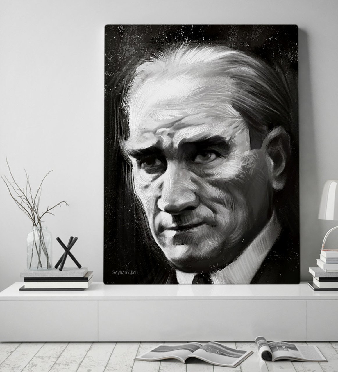Kişiye Özel Atatürk Karakalem Portre Tasarımlı Kanvas Tablo 70x100cm-1