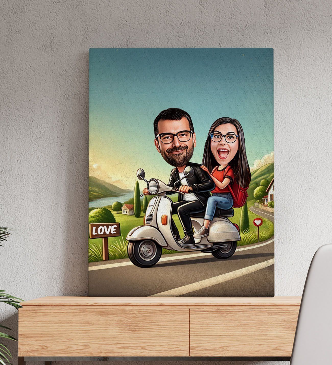 BK Gift Kişiye Özel Motorcu Çift Karikatürlü Kanvas Tablo-1 (50x70), Sevgiliye Hediye, Sevgililer Günü Hediyesi