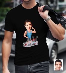 Kişiye Özel Bay Fitness Eğitmeni Karikatürlü Siyah T-Shirt