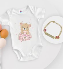 BK Kids Kişiye Özel İsimli Beyaz Bebek Body Zıbın ve Kız Bebek Künyesi Hediye Seti-6