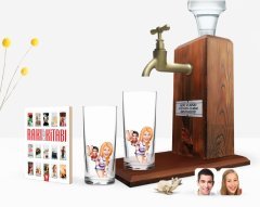 Kişiye Özel Renkli Baskılı Sevgililer Karikatürlü İkili Rakı Bardağı Ahşap Rakı Standı ve Cep Kitabı Hediye Seti-30