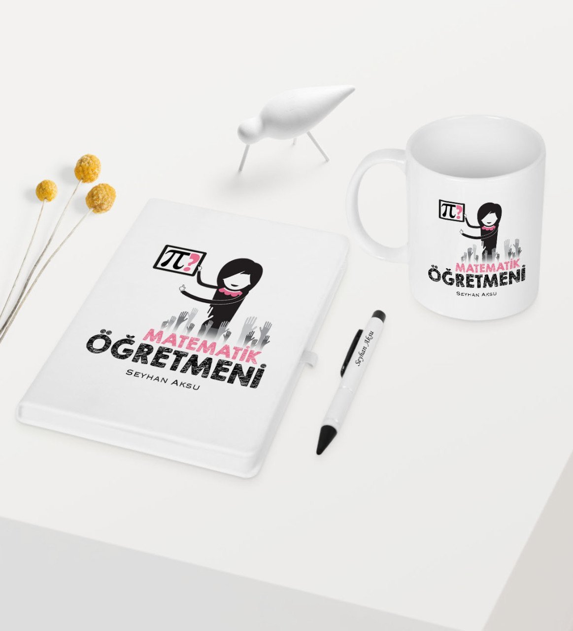 Kişiye Özel Matematik Öğretmeni Temalı Beyaz Defter Kalem Kupa Seti - 1