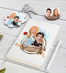 Kişiye Özel Yılın En Mükemmel Çifti Karikatürlü Beyaz Defter Kalem ve Anahtarlık Hediye Seti-67