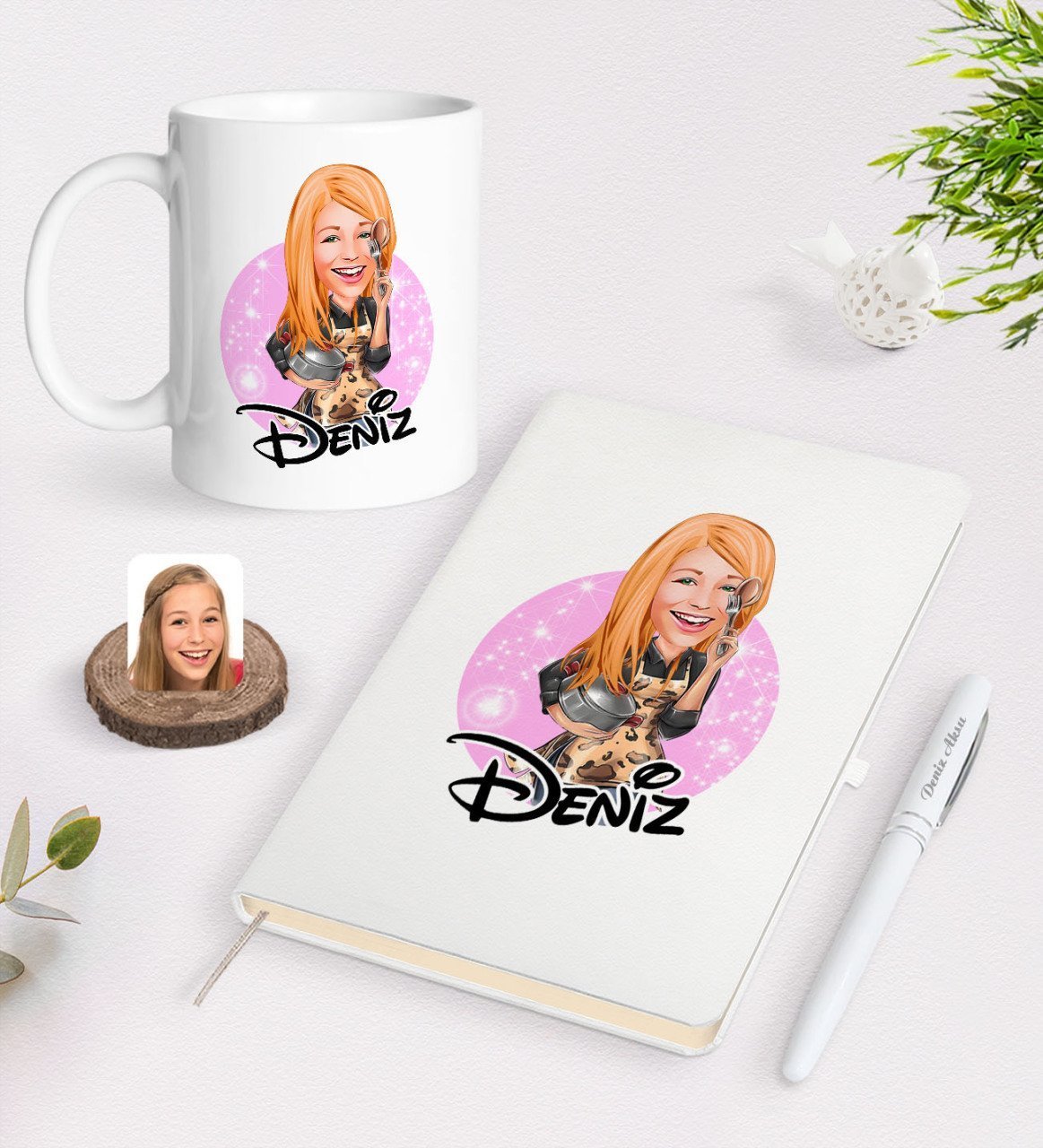 Kişiye Özel Kadın Aşçı Karikatürlü Beyaz Defter Kalem ve Kupa Seti-2
