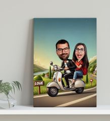 BK Gift Kişiye Özel Motorcu Çift Karikatürlü Kanvas Tablo-1 (30x50), Sevgiliye Hediye, Sevgililer Günü Hediyesi