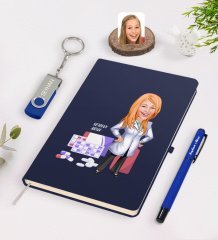 Kişiye Özel Kadın Eczacı Karikatürlü Lacivert Defter Kalem 32gb USB Bellek Hediye Seti-3