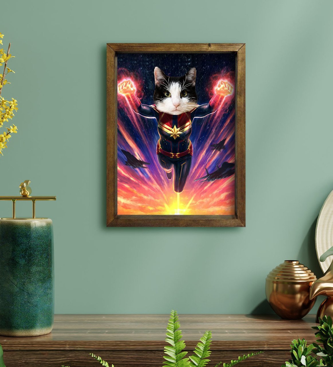 Evcil Dostlara Özel Süper Kahraman Tasarımlı Portre Doğal Masif Ahşap Çerçeveli Tablo 30x40cm-1