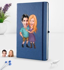 Kişiye Özel Sevgililer Karikatürlü Karikatürlü Lacivert Termo Deri Defter 16x24cm Model 80