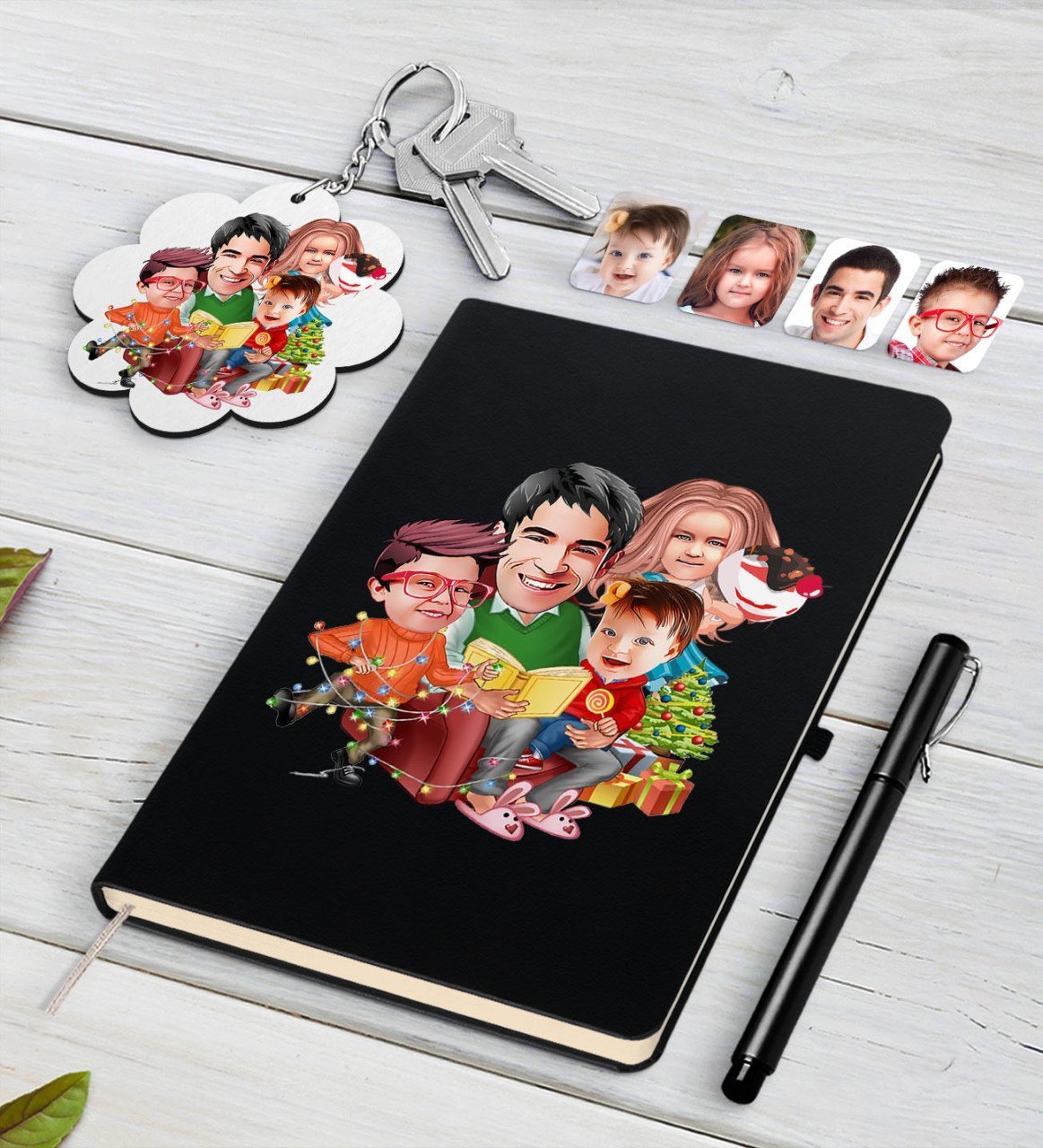 Kişiye Özel Yeni Yıl Aile Karikatürlü Siyah Defter Kalem ve Anahtarlık Hediye Seti-6
