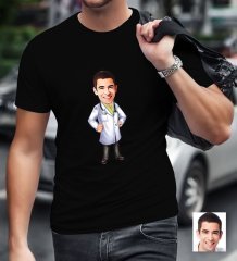 Kişiye Özel Bay Doktor Karikatürlü Siyah T-Shirt