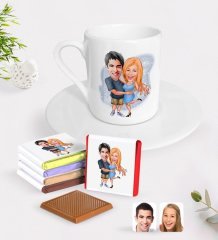 Kişiye Özel Sevgililer Karikatürlü Türk Kahvesi Fincanı ve Madlen Çikolata Seti-14