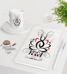 Kişiye Özel Yoga Eğitmeni Beyaz Defter Kalem Türk Kahvesi Fincanı Seti-1