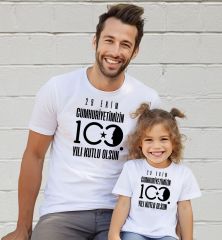 BK Gift 29 Ekim Tasarımlı 2’li Baba-Kız Beyaz Tişört-10, 29 Ekim Hediyesi, Trend Tişört, 100.Yıl Hediyesi